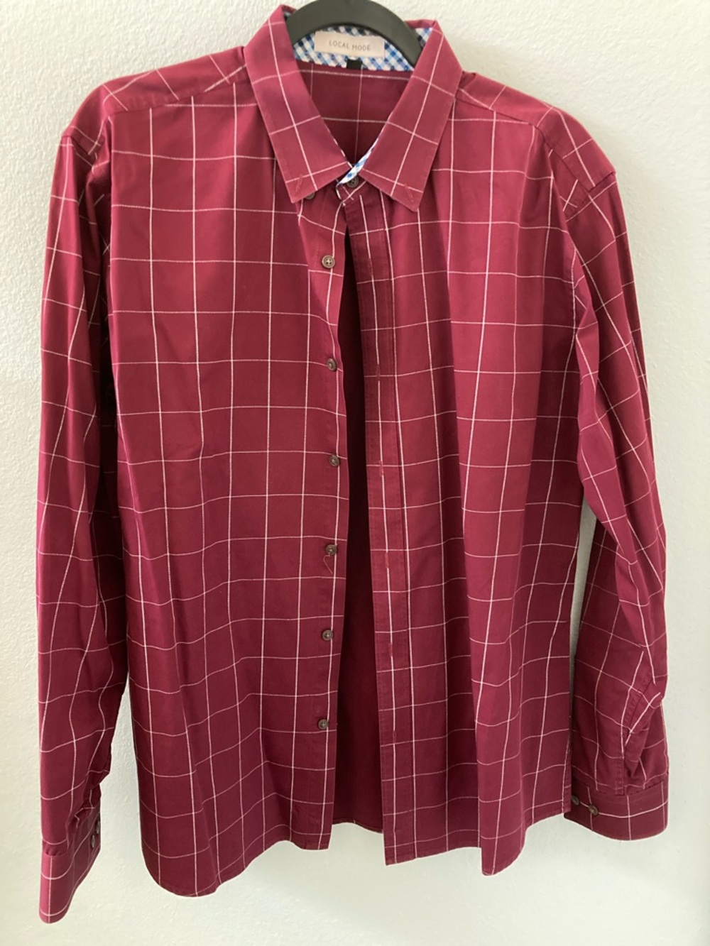 Men’s Windowpane Button-Down Dress Shirt in Burgundy size L